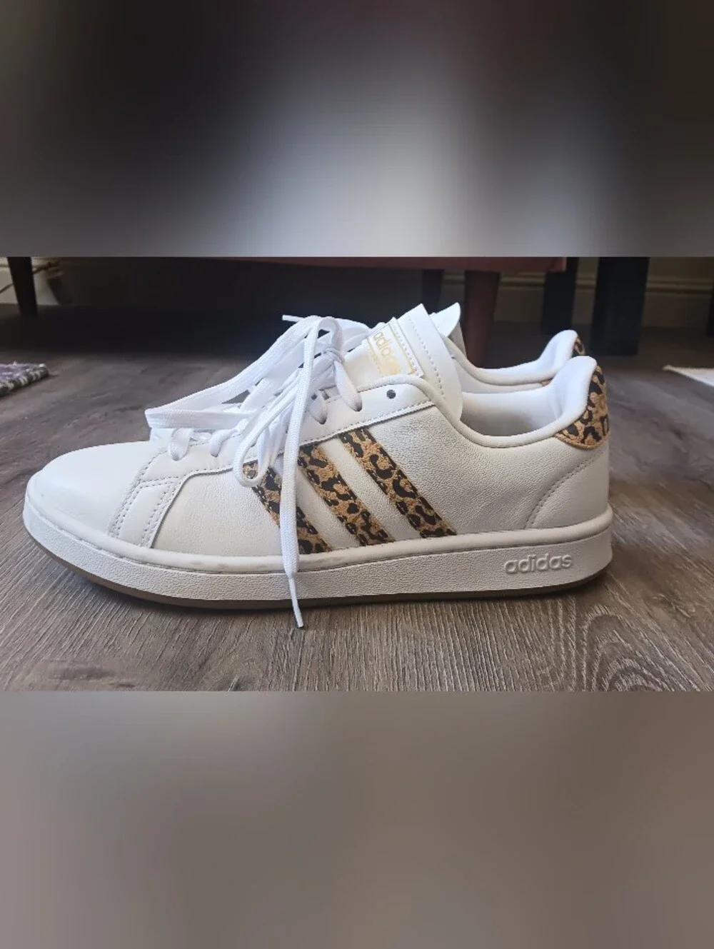 adidas White Sneakers with Leopard-Print Stripes, W Size 8.5 - Picture 11 of 11